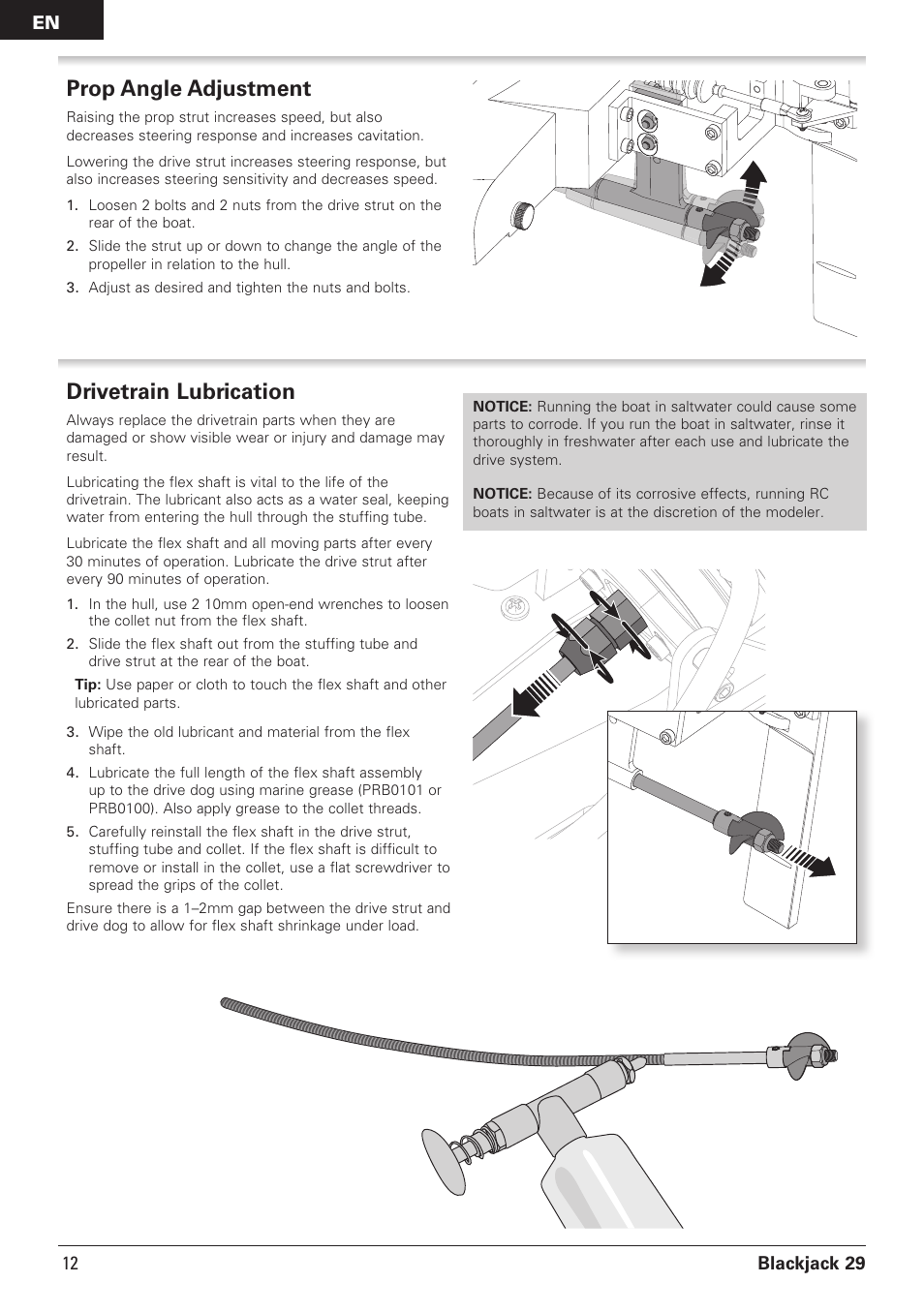 Prop angle adjustment, Drivetrain lubrication | Pro Boat PRB08011 User Manual | Page 12 / 19