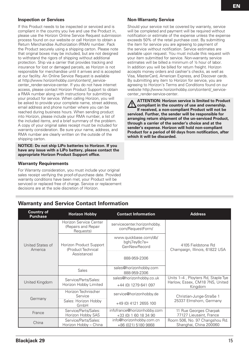 Warranty and service contact information, Blackjack 29, 15 en | Pro Boat PRB08011 User Manual | Page 15 / 19