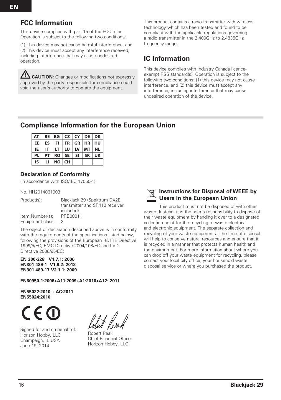 Compliance information for the european union, Fcc information, Ic information | Pro Boat PRB08011 User Manual | Page 16 / 19