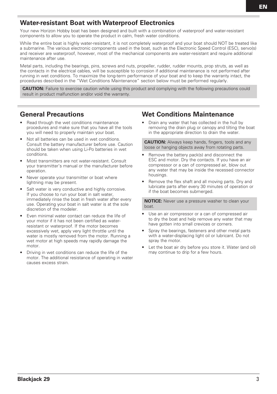 Water-resistant boat with waterproof electronics, General precautions, Wet conditions maintenance | Blackjack 29 3 en | Pro Boat PRB08011 User Manual | Page 3 / 19