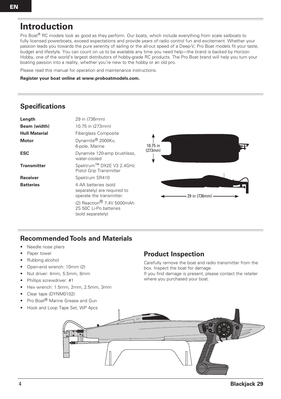 Introduction, Recommended tools and materials, Product inspection | Specifications | Pro Boat PRB08011 User Manual | Page 4 / 19