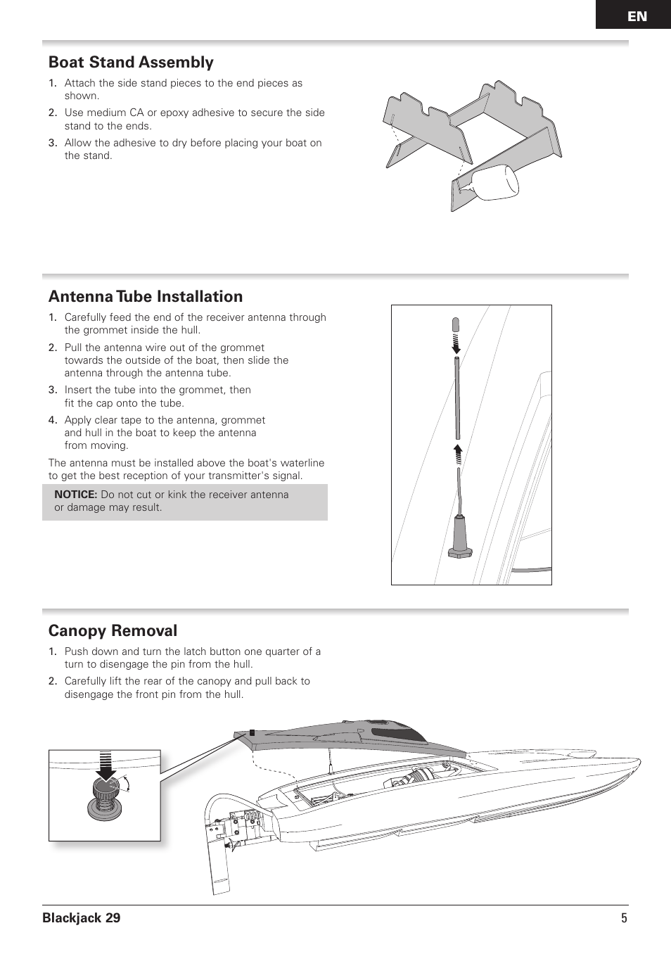 Antenna tube installation, Boat stand assembly, Canopy removal | Pro Boat PRB08011 User Manual | Page 5 / 19