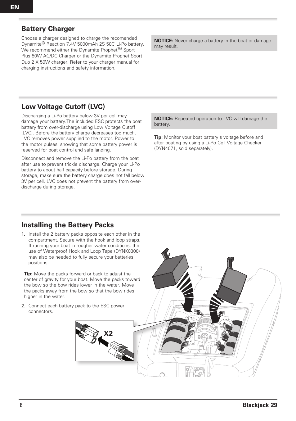 Installing the battery packs, Battery charger, Low voltage cutoff (lvc) | Pro Boat PRB08011 User Manual | Page 6 / 19