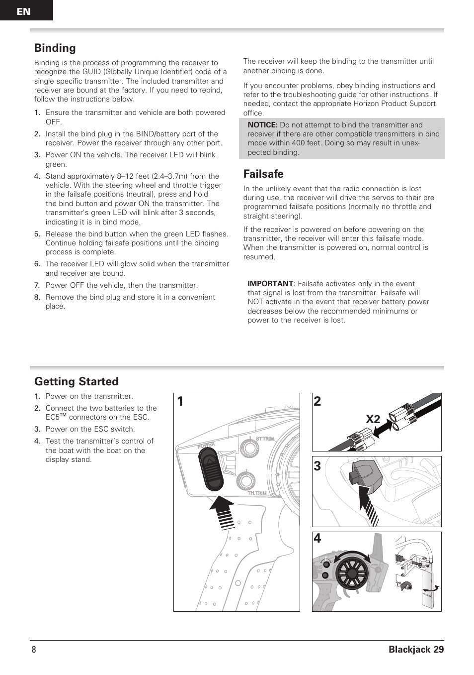 Binding, Failsafe, Getting started | Pro Boat PRB08011 User Manual | Page 8 / 19