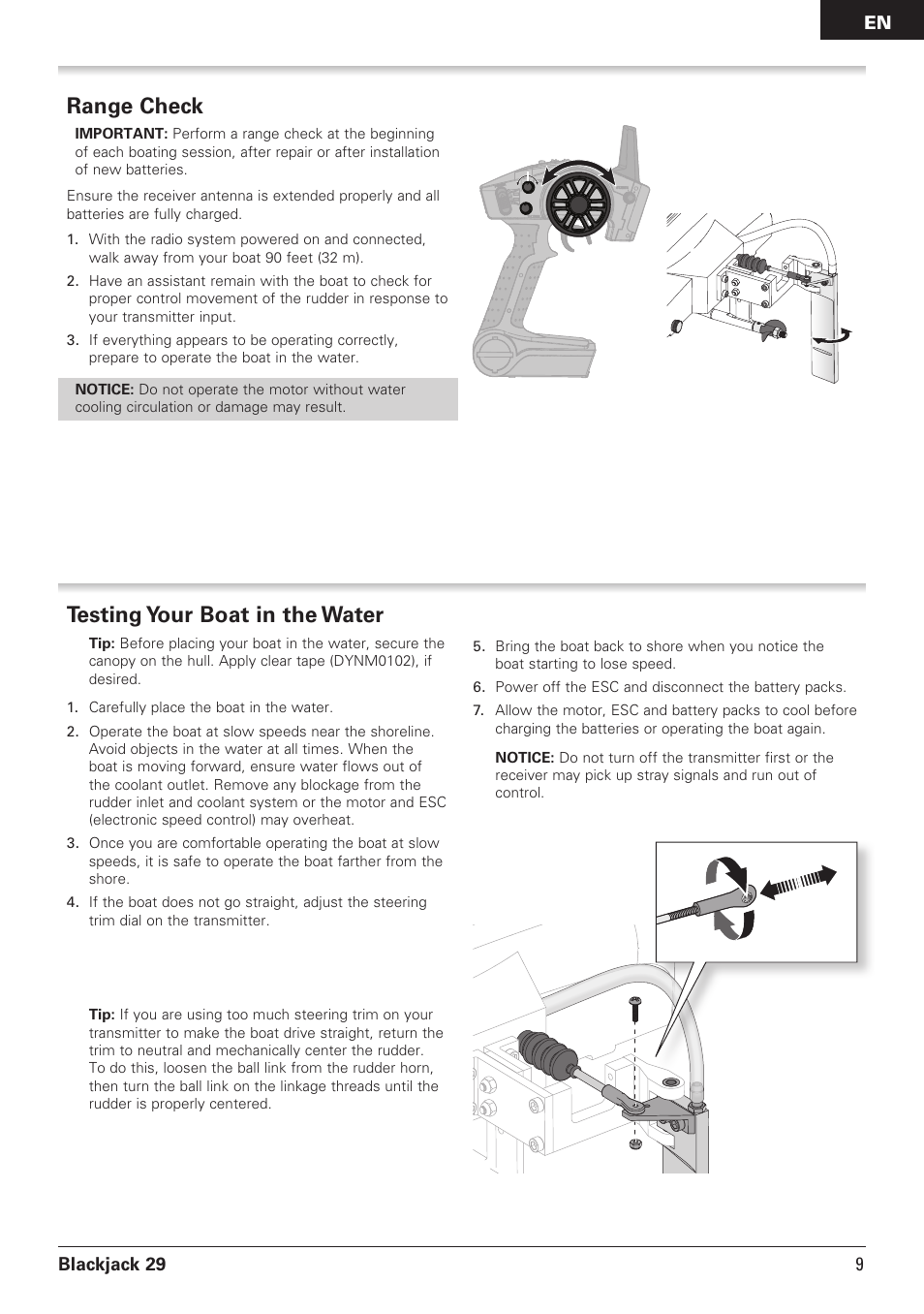 Testing your boat in the water, Range check, Blackjack 29 | Pro Boat PRB08011 User Manual | Page 9 / 19