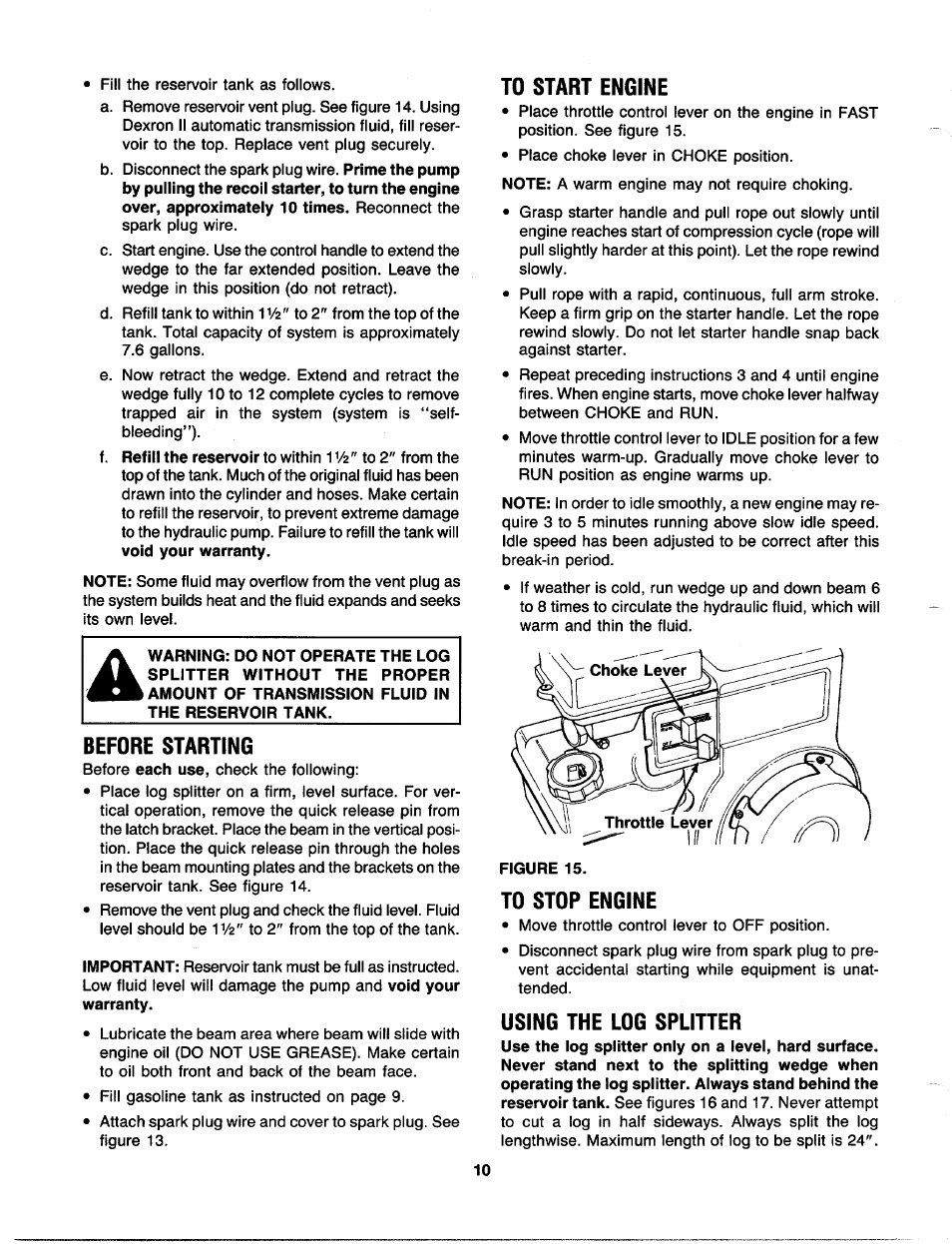 Before starting, To start engine, To stop engine | Using the log splitter | Craftsman 247.287751 User Manual | Page 10 / 27