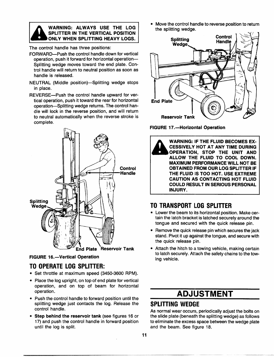 To operate log splitter, To transport log spliher, Adjustment | Splitting wedge | Craftsman 247.287751 User Manual | Page 11 / 27