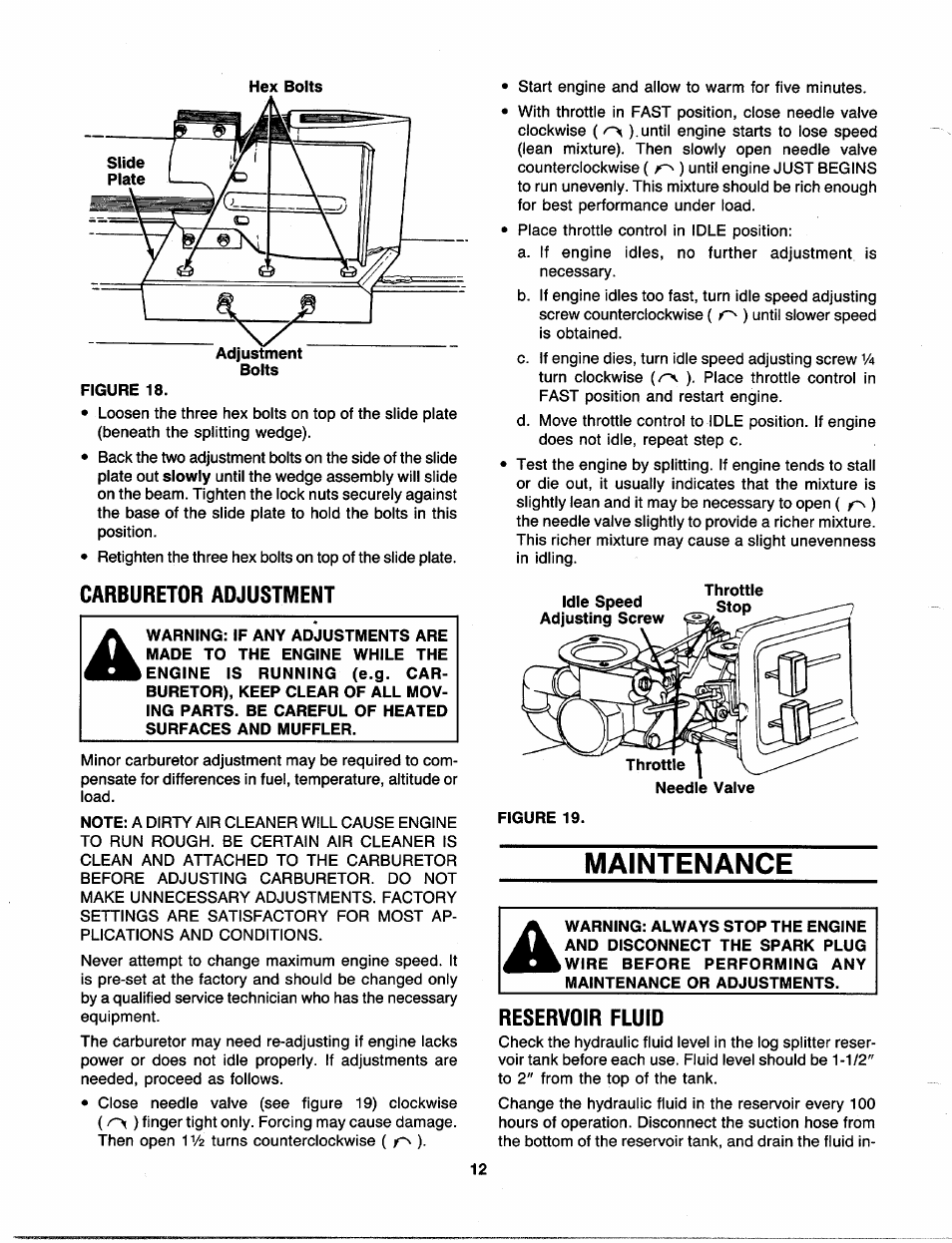 Carburetor adjustment, Maintenance, Reservoir fluid | Craftsman 247.287751 User Manual | Page 12 / 27