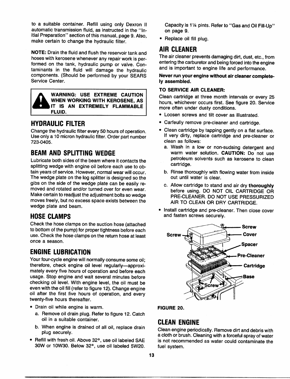 Hydraulic filter, Beam and splining wedge, Hose clamps | Engine lubrication, Air cleaner, Clean engine | Craftsman 247.287751 User Manual | Page 13 / 27