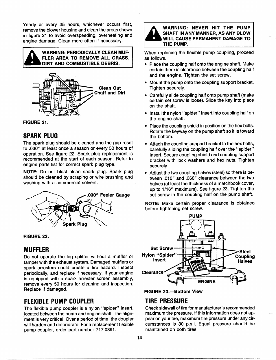 Spark plug, Muffler, Flexible pump coupler | Tire pressure | Craftsman 247.287751 User Manual | Page 14 / 27