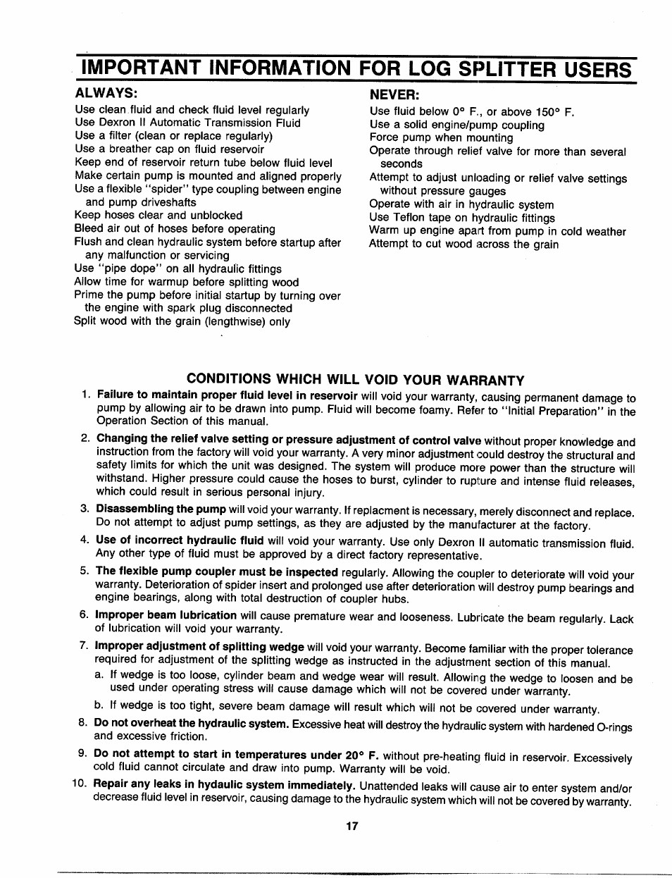 Important information for log splitter users | Craftsman 247.287751 User Manual | Page 17 / 27