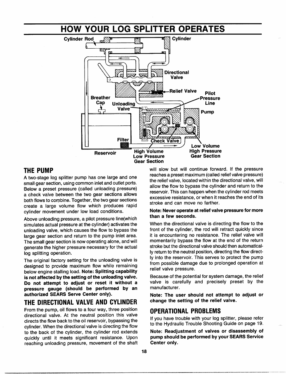 How your log splitter operates, The pump, The directional valve and cylinder | Operational problems | Craftsman 247.287751 User Manual | Page 18 / 27