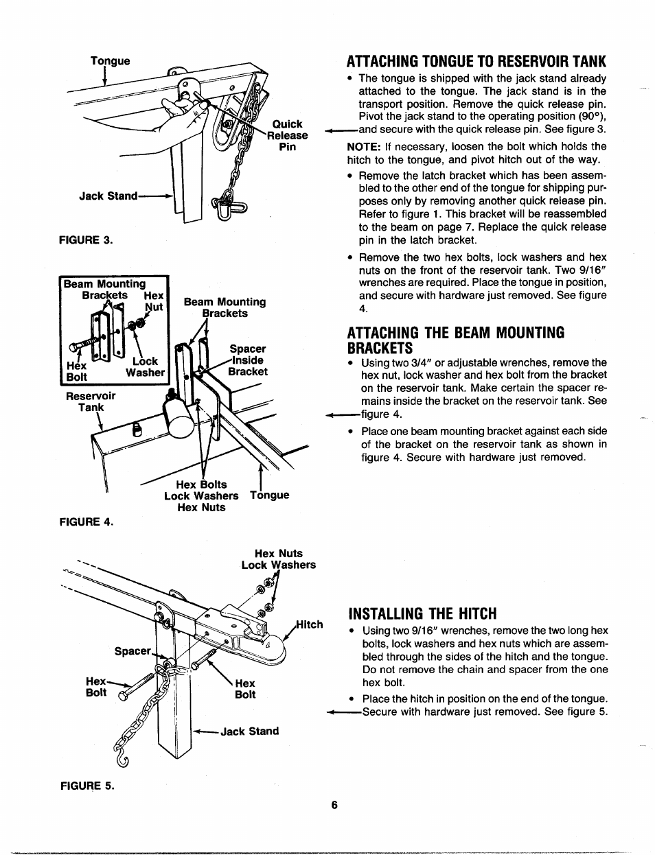 Attaching tongue to reservoir tank, Attaching the beam mounting brackets, Installing the hitch | Craftsman 247.287751 User Manual | Page 6 / 27