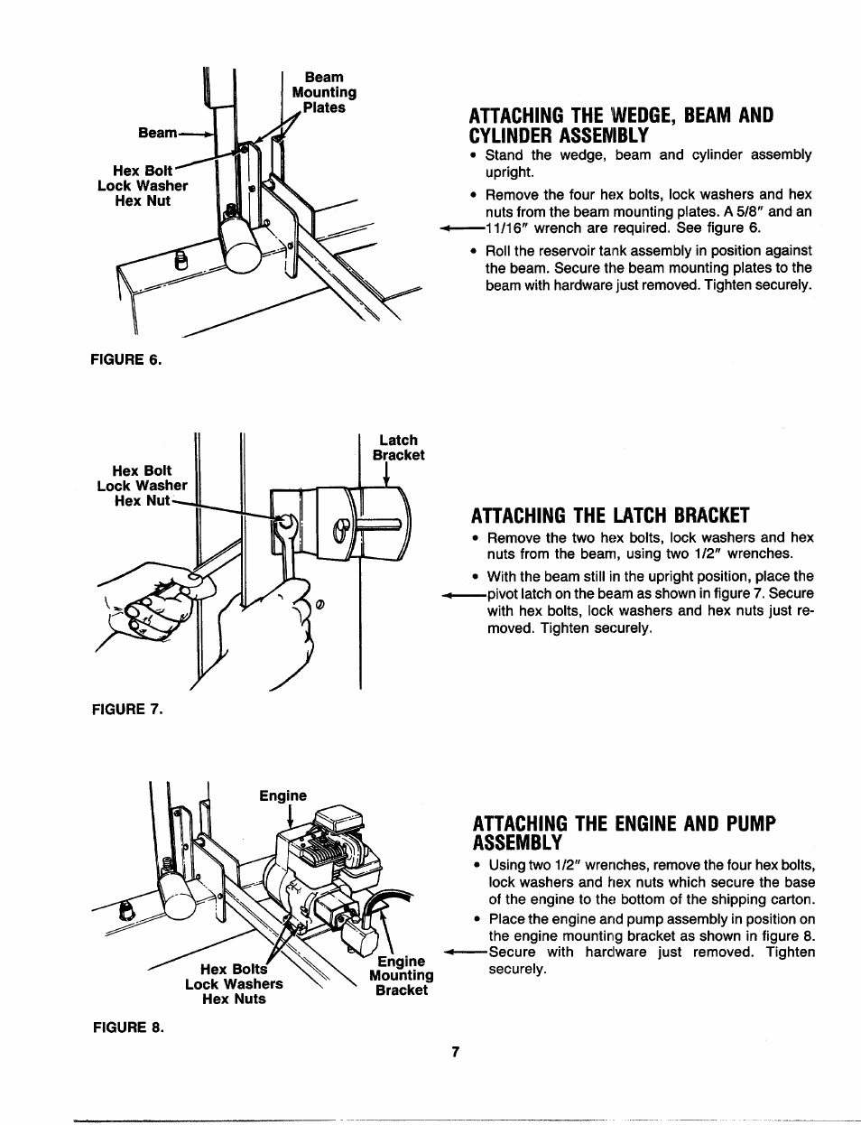 Attaching the wedge, beam and cylinder assembly, Attaching the latch bracket, Attaching the engine and pump assembly | Craftsman 247.287751 User Manual | Page 7 / 27