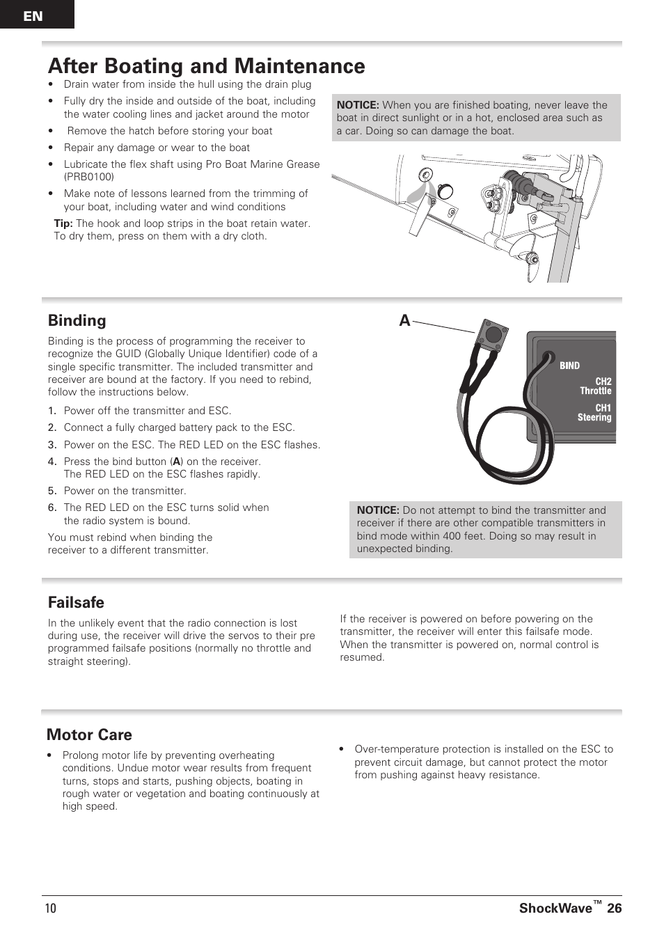 After boating and maintenance, Motor care, Binding | Failsafe | Pro Boat PRB08014 User Manual | Page 10 / 19