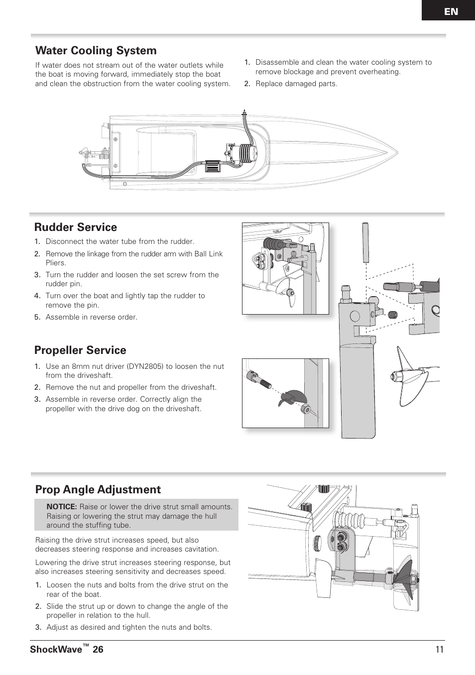 Rudder service, Propeller service, Prop angle adjustment | Water cooling system | Pro Boat PRB08014 User Manual | Page 11 / 19