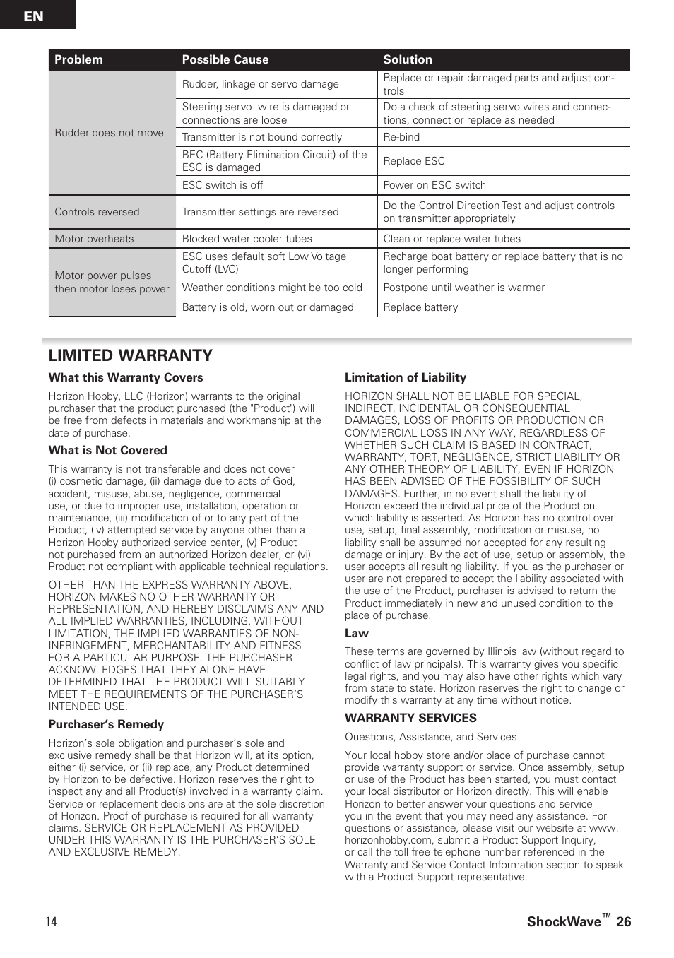 Limited warranty, Shockwave, 26 14 en | Pro Boat PRB08014 User Manual | Page 14 / 19