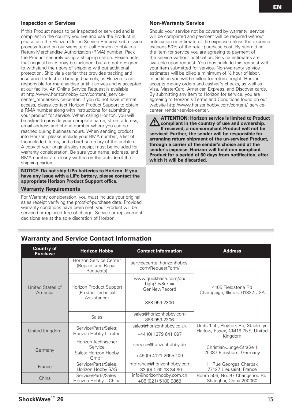 Warranty and service contact information, Shockwave, 26 15 en | Pro Boat PRB08014 User Manual | Page 15 / 19