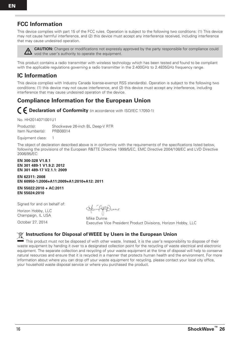 Compliance information for the european union, Fcc information, Ic information | Pro Boat PRB08014 User Manual | Page 16 / 19