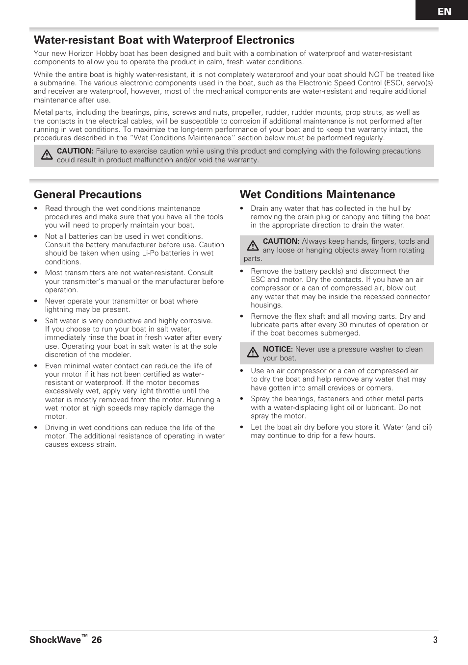 Water-resistant boat with waterproof electronics, General precautions, Wet conditions maintenance | Shockwave, 26 3 en | Pro Boat PRB08014 User Manual | Page 3 / 19