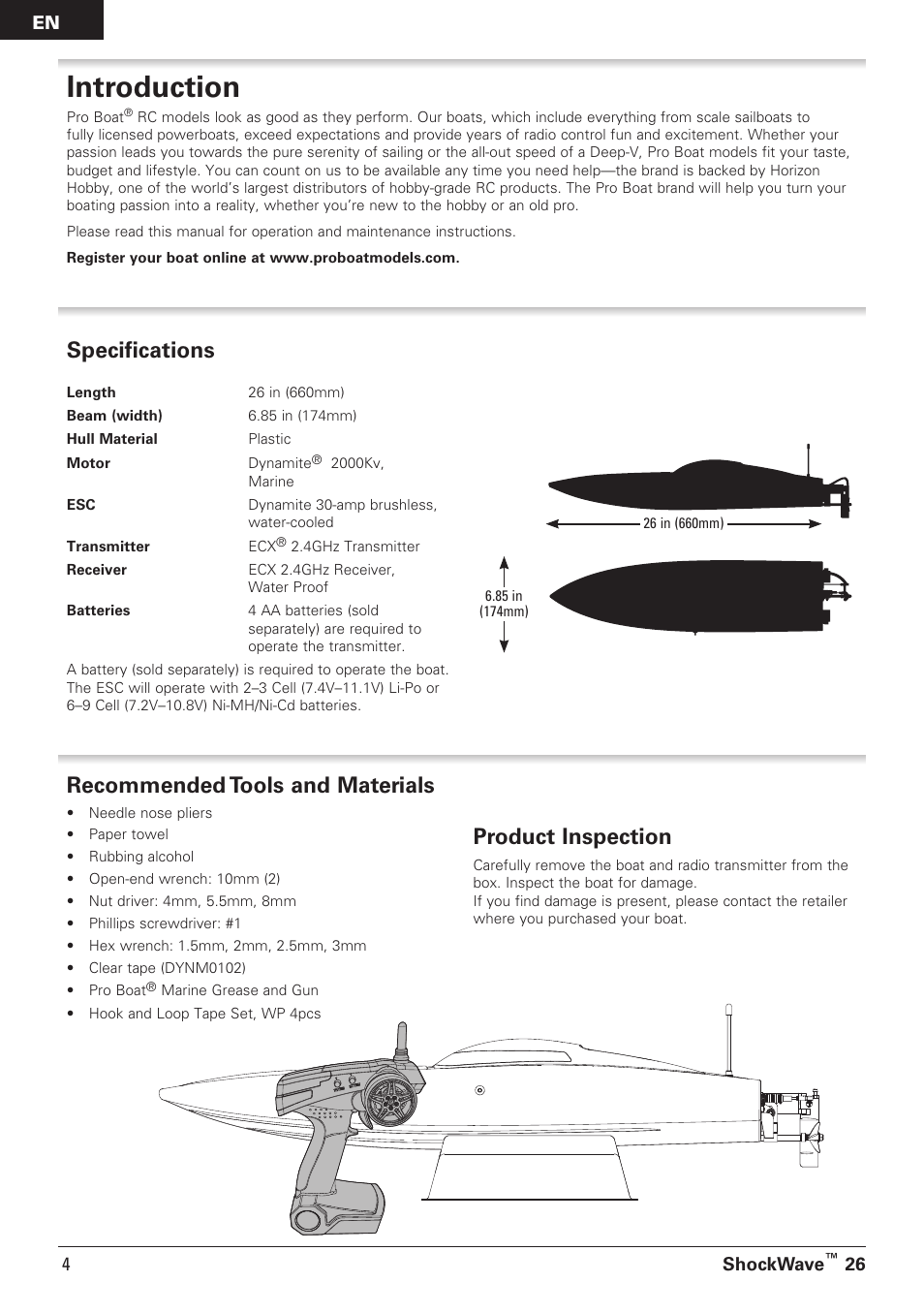 Introduction, Recommended tools and materials, Product inspection | Specifications | Pro Boat PRB08014 User Manual | Page 4 / 19