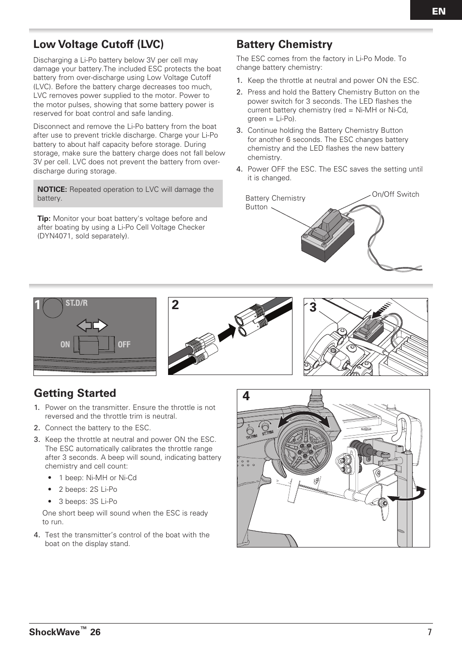 Low voltage cutoff (lvc), Battery chemistry, Getting started | Pro Boat PRB08014 User Manual | Page 7 / 19