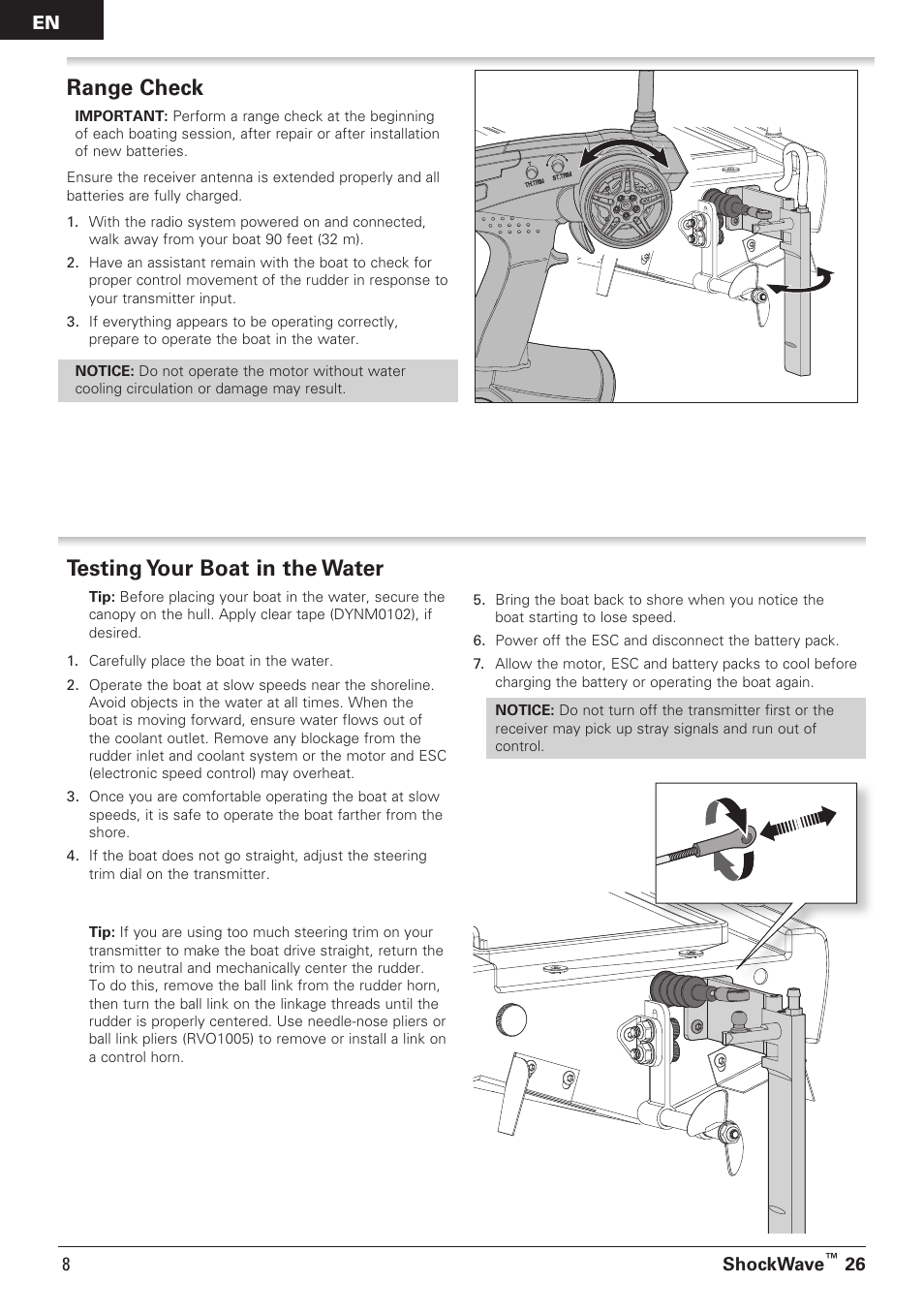 Range check, Testing your boat in the water | Pro Boat PRB08014 User Manual | Page 8 / 19