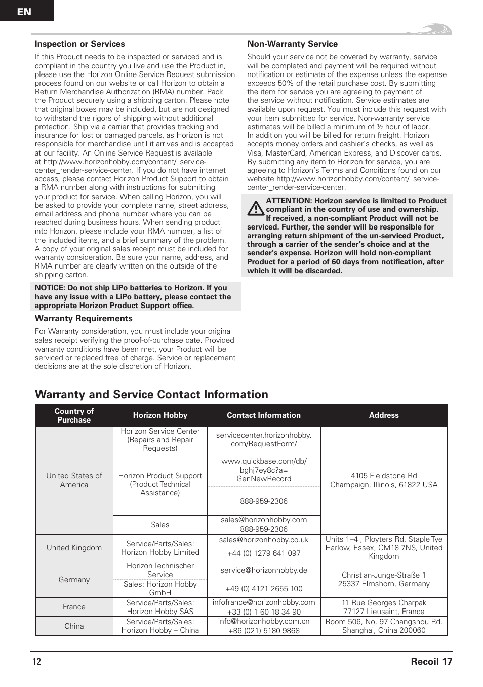 Warranty and service contact information, Recoil 17, 12 en | Pro Boat PRB08016 User Manual | Page 12 / 15