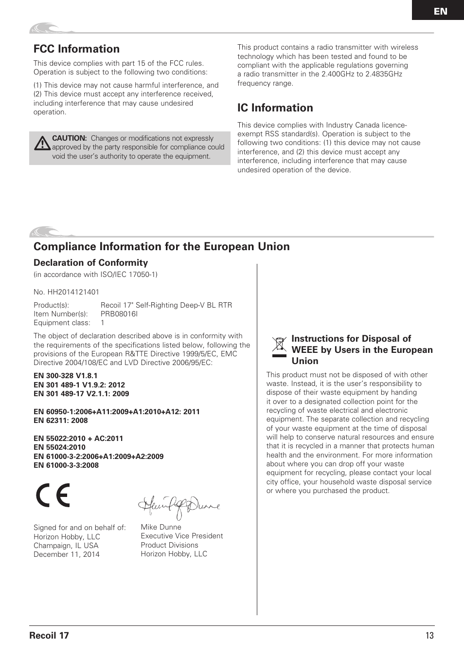 Compliance information for the european union, Fcc information, Ic information | Pro Boat PRB08016 User Manual | Page 13 / 15