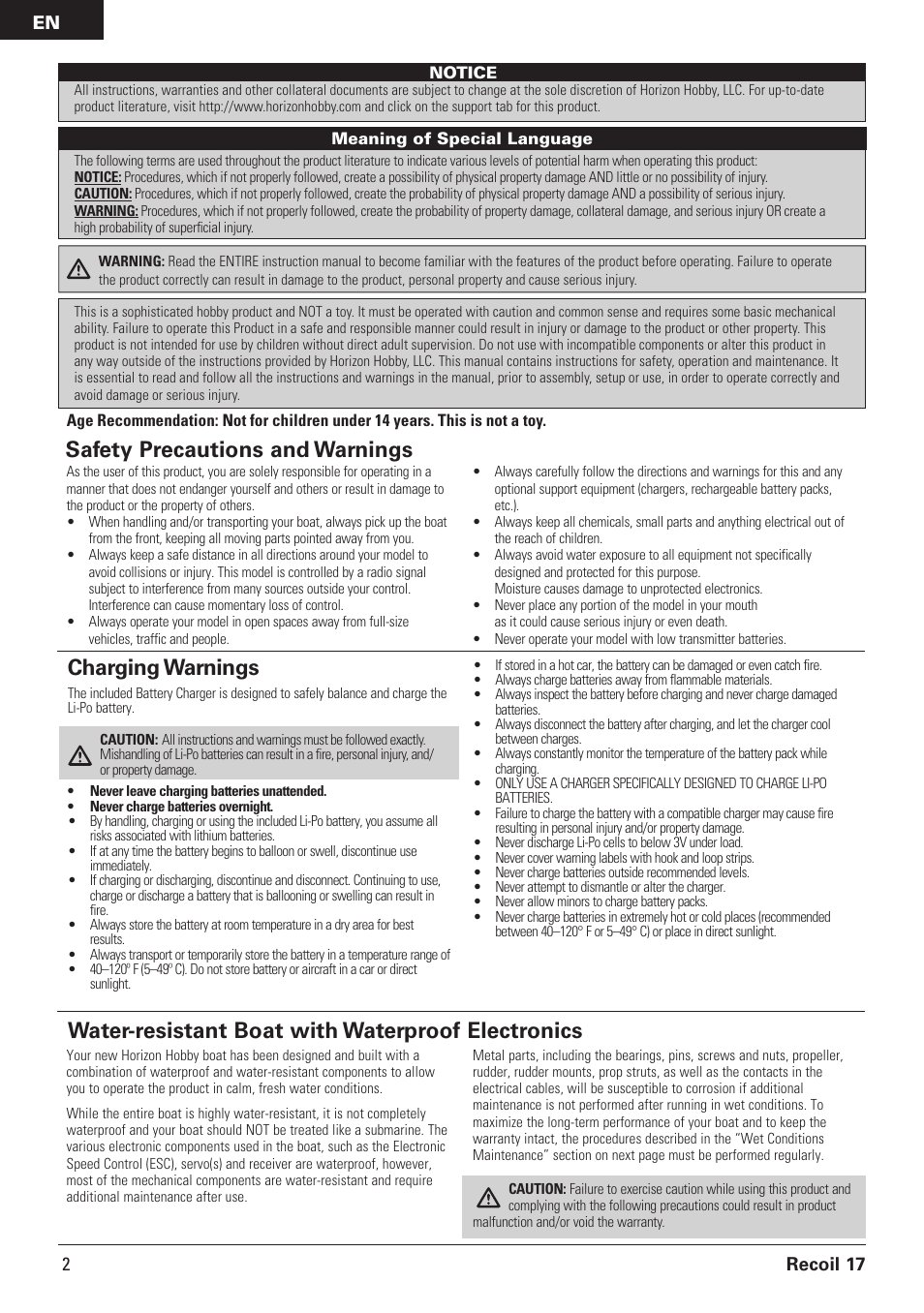 Water-resistant boat with waterproof electronics, Charging warnings, Safety precautions and warnings | Pro Boat PRB08016 User Manual | Page 2 / 15