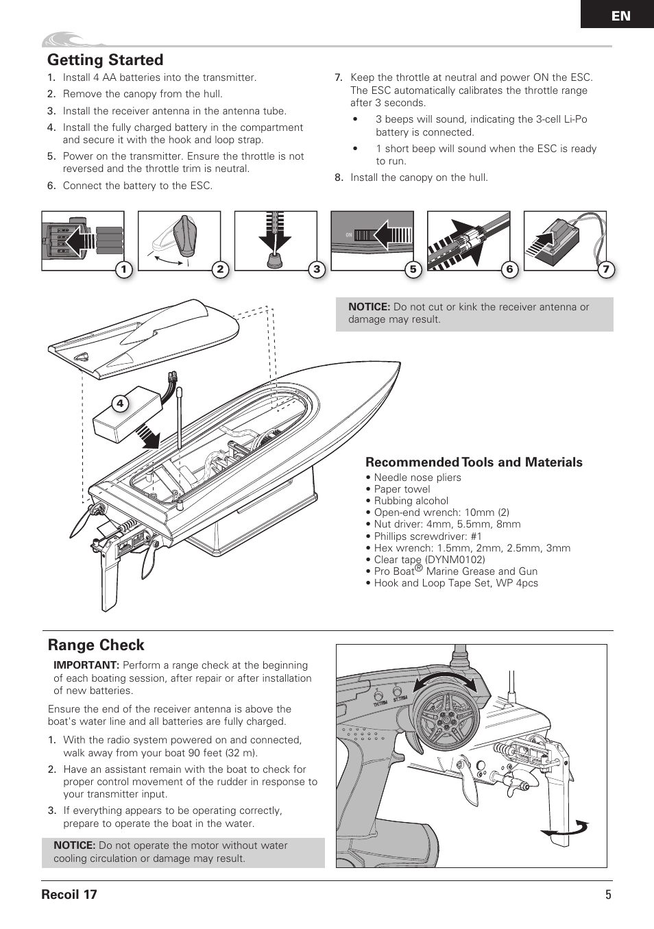 Range check, Getting started | Pro Boat PRB08016 User Manual | Page 5 / 15