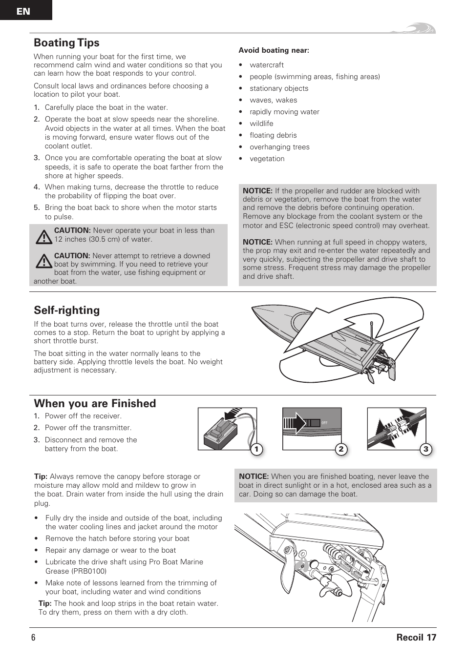Boating tips, When you are finished self-righting | Pro Boat PRB08016 User Manual | Page 6 / 15