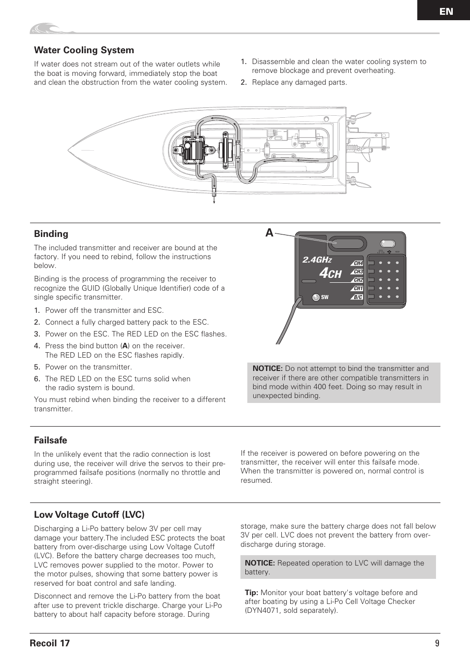 Recoil 17 binding, Failsafe, Water cooling system | Low voltage cutoff (lvc) | Pro Boat PRB08016 User Manual | Page 9 / 15