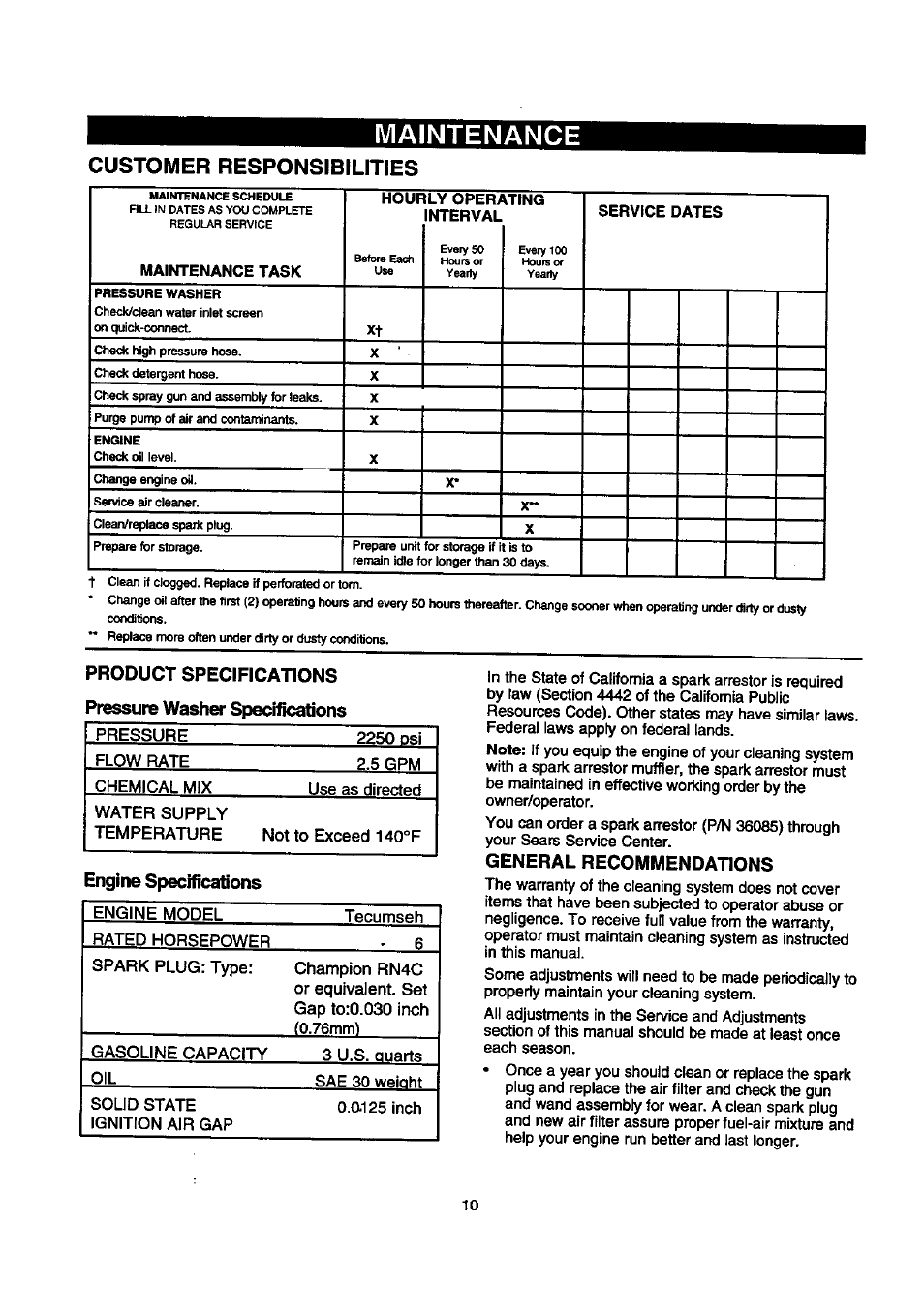 Maintenance, Product specifications, Engine specifications | General recommendations, Customer responsibilities | Craftsman 580.768030 User Manual | Page 10 / 28