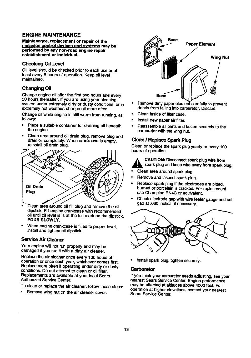 Engine maintenance, Checking oil level, Changing oil | Service air cleaner, Clean / replace spark plug, Carburetor | Craftsman 580.768030 User Manual | Page 13 / 28