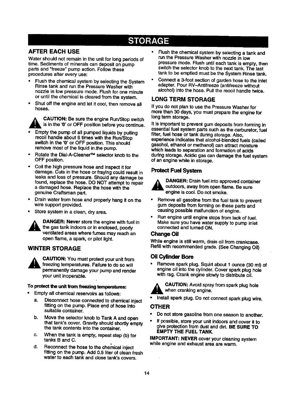 Storage, After each use, Winter storage | Long term storage, Protect fuel system, Change oil, Oil cylinder bote, Other | Craftsman 580.768030 User Manual | Page 14 / 28