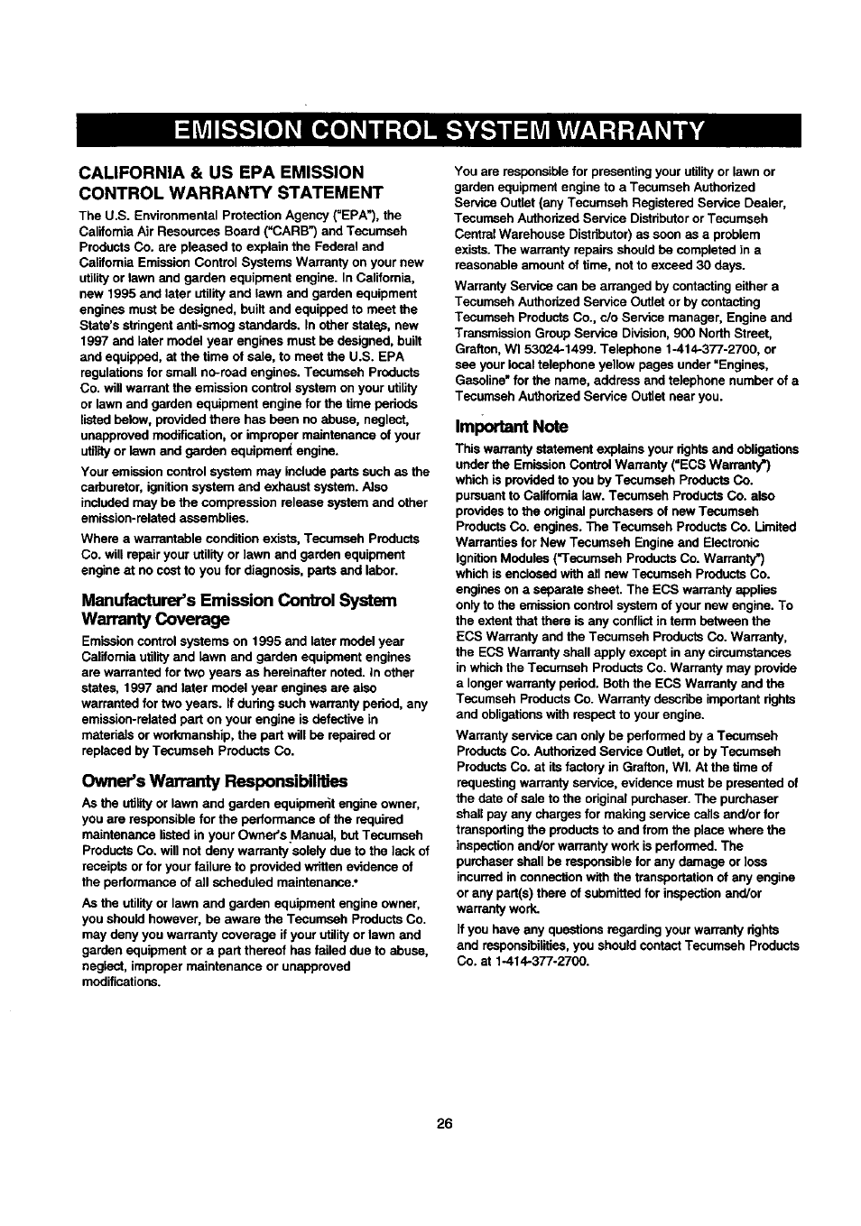 Emission control system warranty, Owner’s warranty responsibilities | Craftsman 580.768030 User Manual | Page 26 / 28