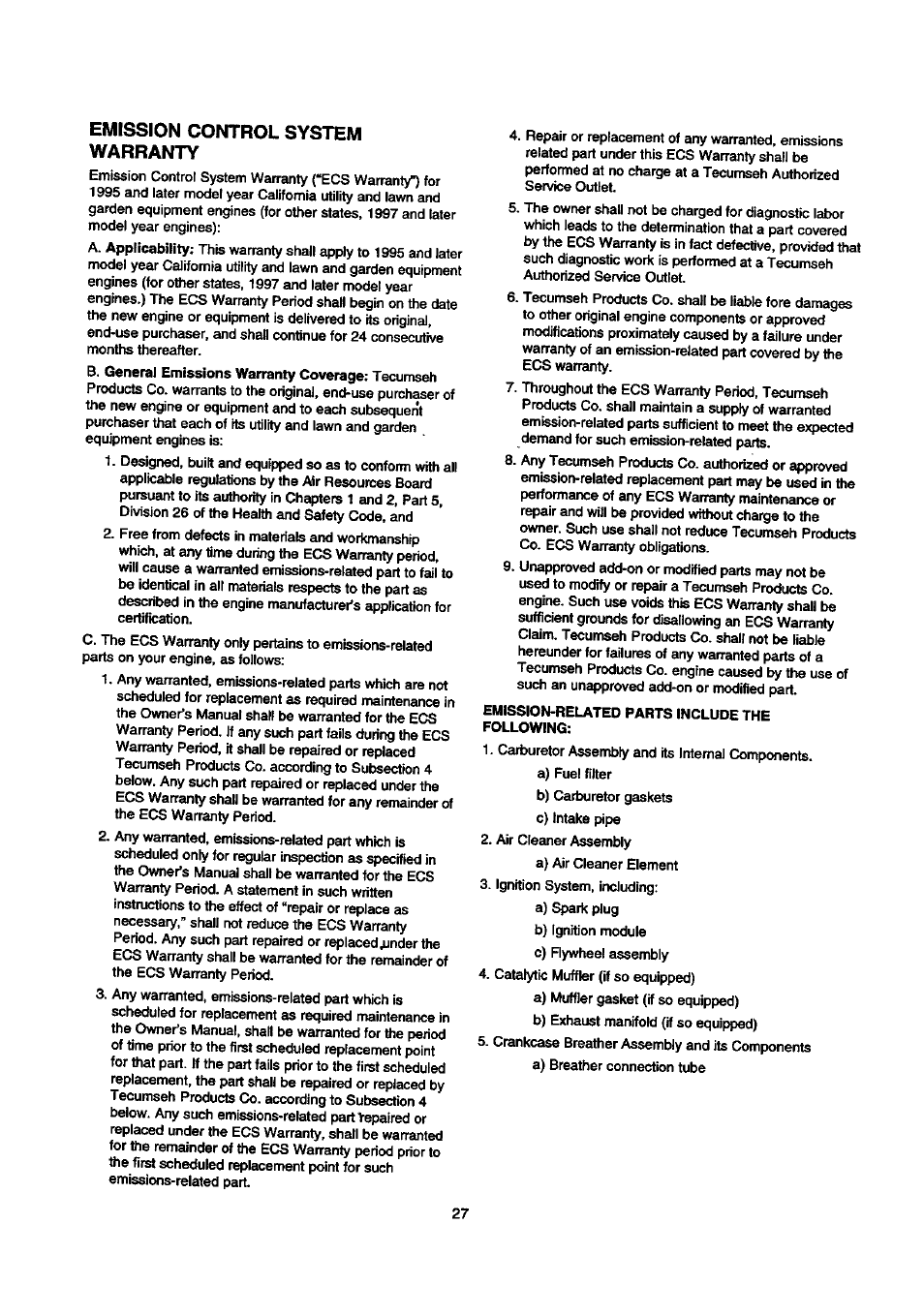 Emission control system warranty | Craftsman 580.768030 User Manual | Page 27 / 28