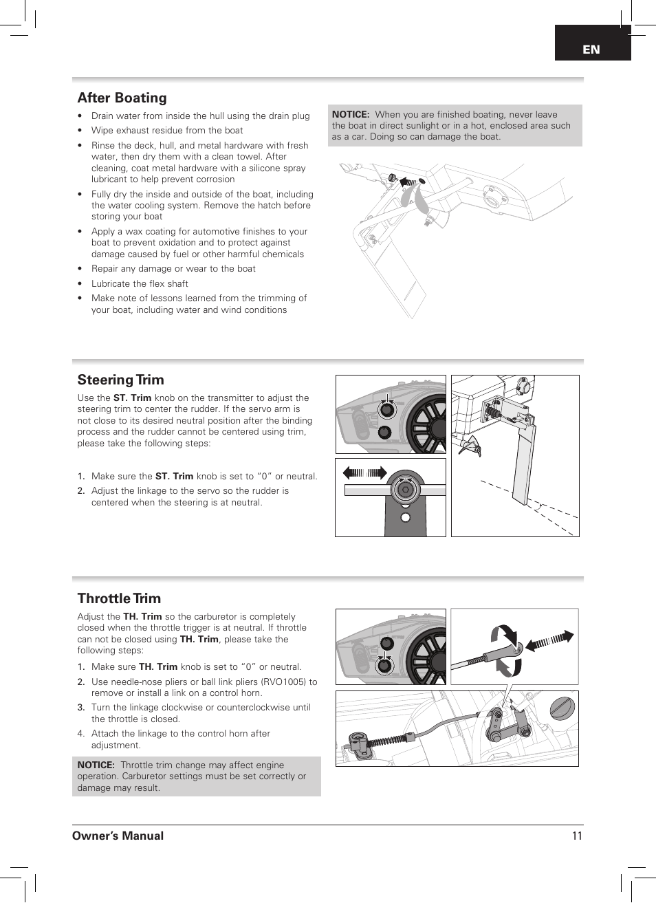Steering trim, Throttle trim, After boating | Pro Boat PRB09003 User Manual | Page 11 / 20