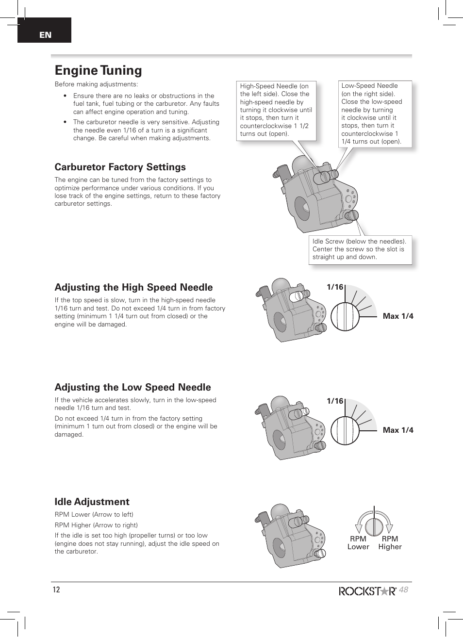 Engine tuning, Carburetor factory settings, Adjusting the high speed needle | Adjusting the low speed needle, Idle adjustment | Pro Boat PRB09003 User Manual | Page 12 / 20
