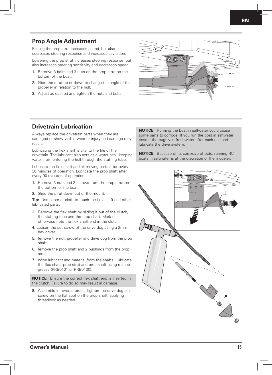 Prop angle adjustment, Drivetrain lubrication, Owner’s manual | 15 en | Pro Boat PRB09003 User Manual | Page 15 / 20