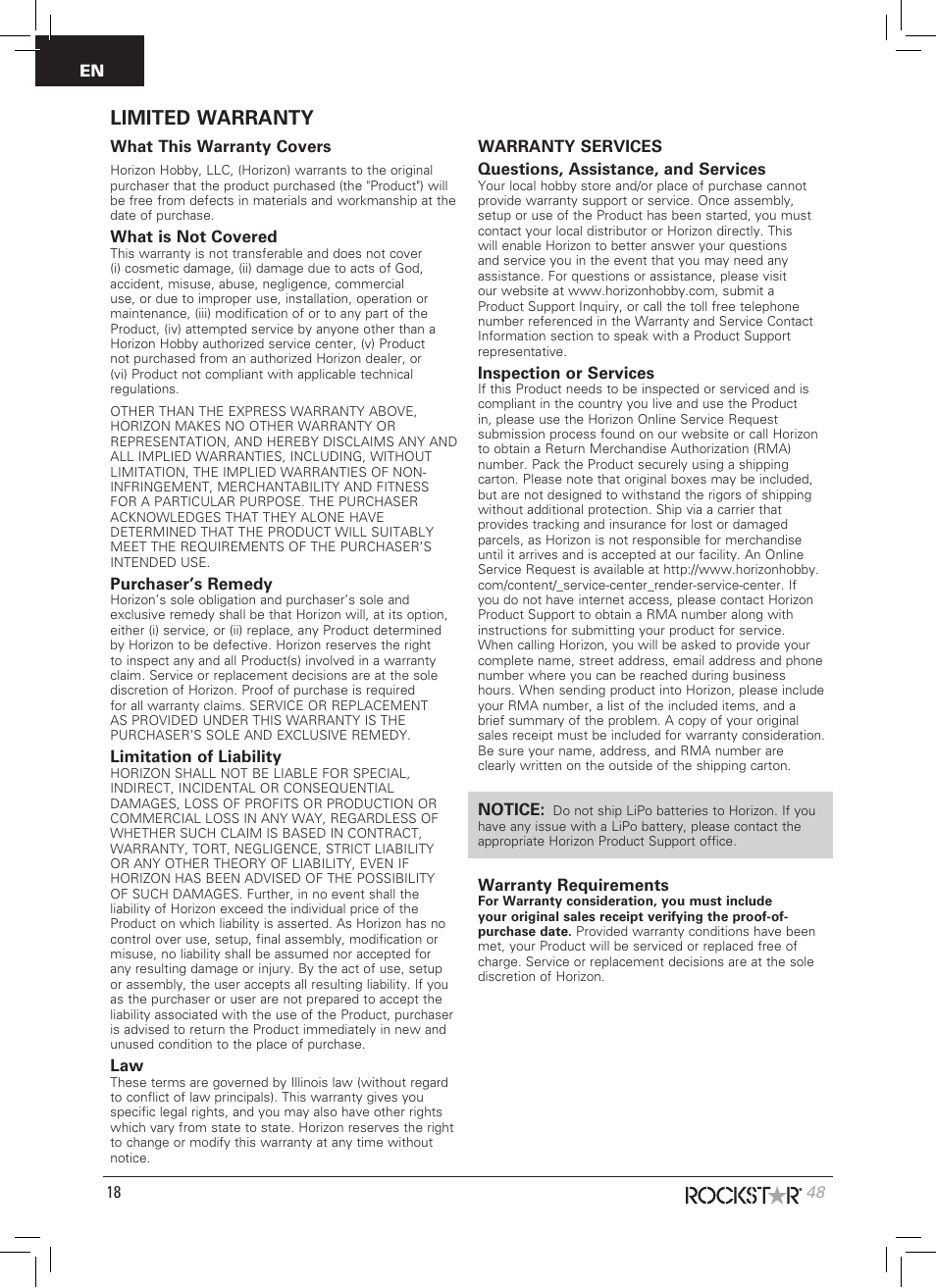 Limited warranty, What this warranty covers, What is not covered | Purchaser’s remedy, Limitation of liability, Inspection or services, Notice, Warranty requirements, 18 en | Pro Boat PRB09003 User Manual | Page 18 / 20
