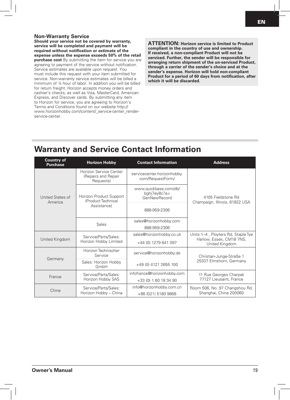 Warranty and service contact information, Owner’s manual non-warranty service, Attention | 19 en | Pro Boat PRB09003 User Manual | Page 19 / 20