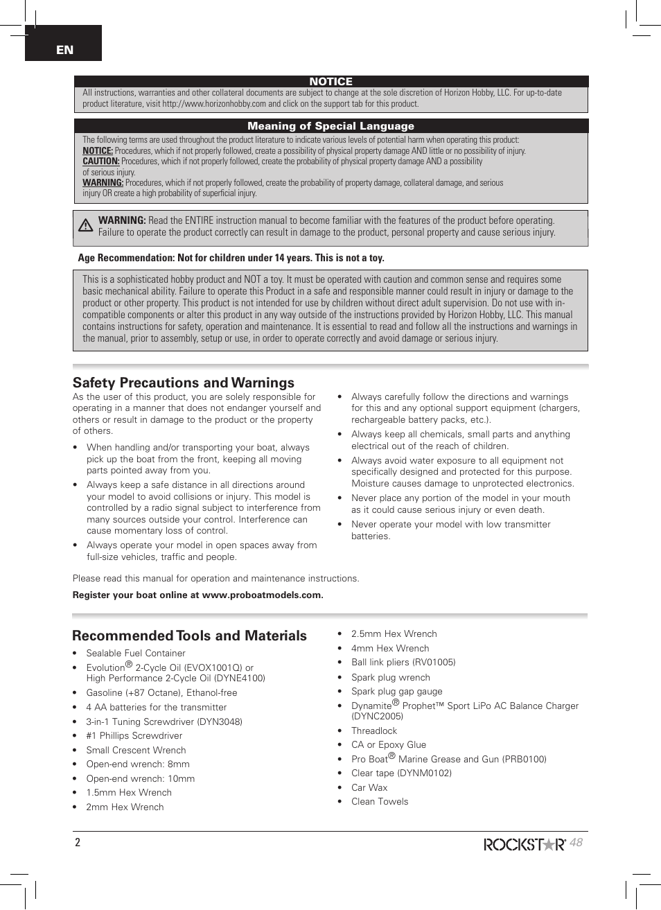 Recommended tools and materials, Safety precautions and warnings | Pro Boat PRB09003 User Manual | Page 2 / 20