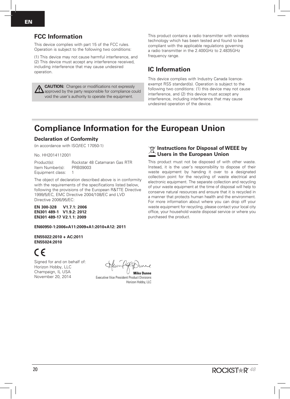 Compliance information for the european union, Fcc information, Ic information | Pro Boat PRB09003 User Manual | Page 20 / 20