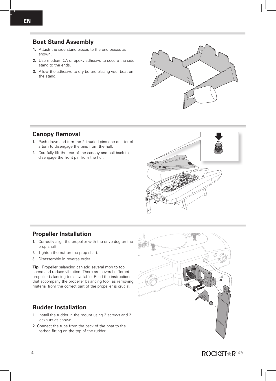 Rudder installation, Propeller installation, Boat stand assembly | Canopy removal | Pro Boat PRB09003 User Manual | Page 4 / 20