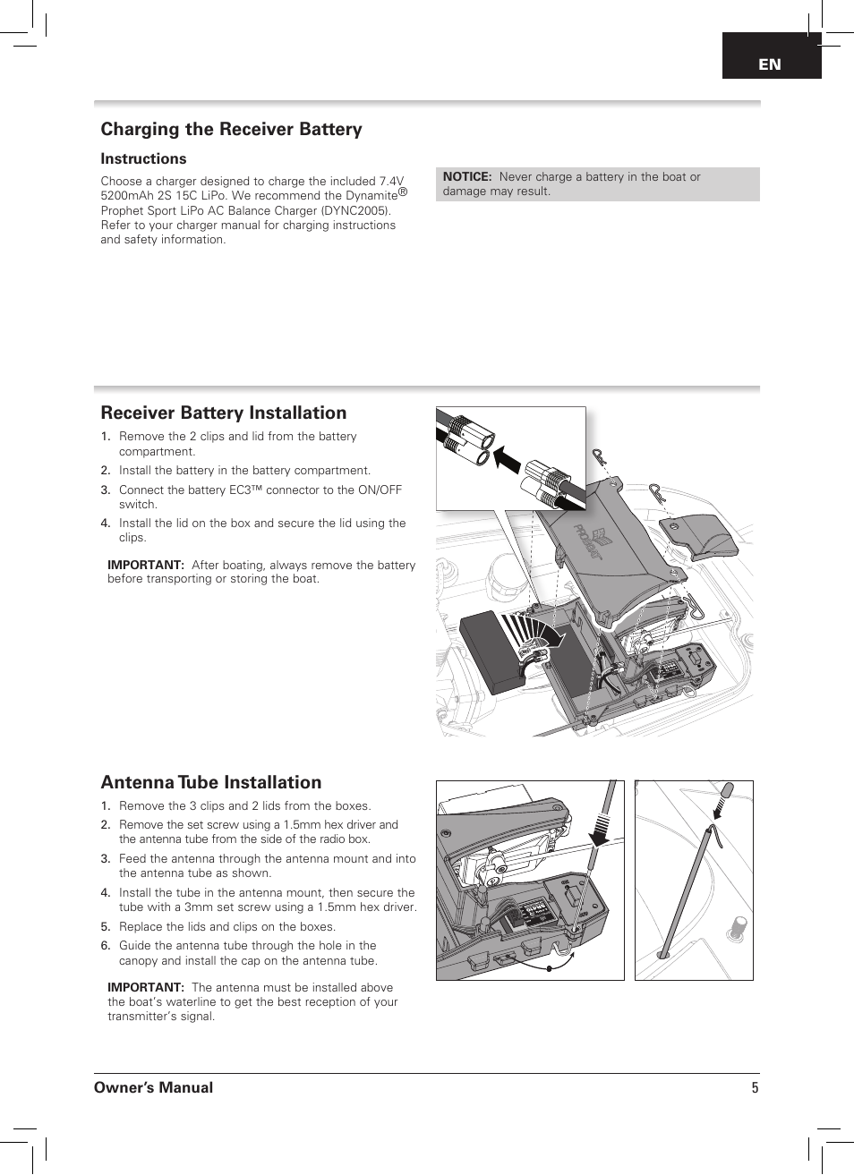 Receiver battery installation, Antenna tube installation, Charging the receiver battery | Pro Boat PRB09003 User Manual | Page 5 / 20