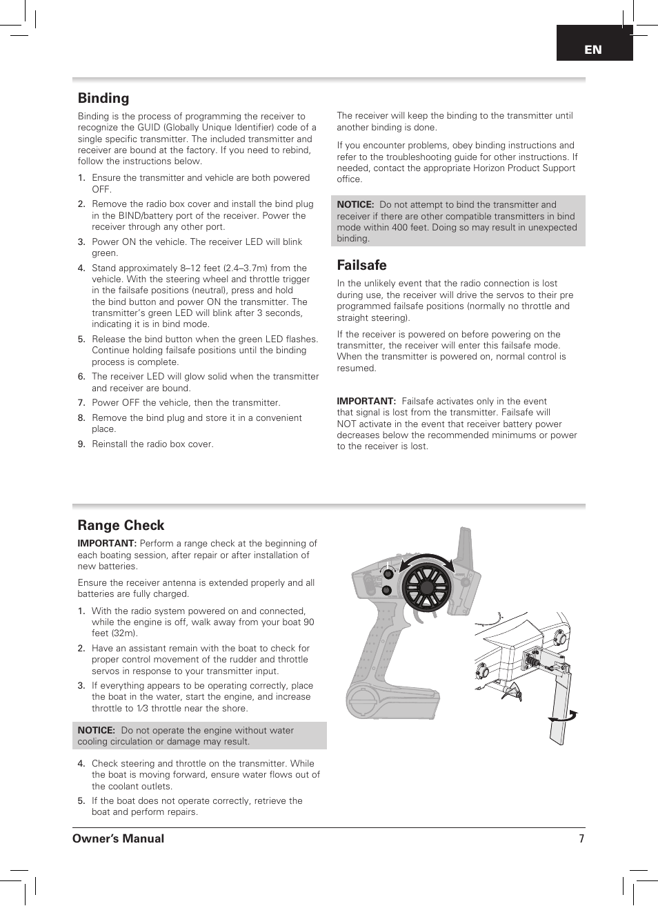 Binding, Failsafe, Range check | Owner’s manual | Pro Boat PRB09003 User Manual | Page 7 / 20