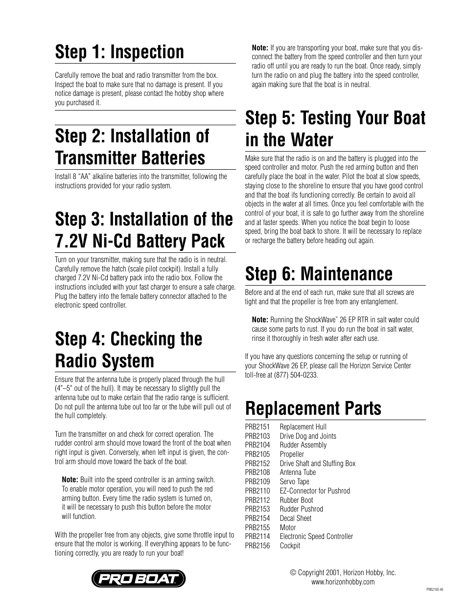 Step 1: inspection, Step 2: installation of transmitter batteries, Step 4: checking the radio system | Step 5: testing your boat in the water, Step 6: maintenance, Replacement parts | Pro Boat PRB2150 User Manual | Page 2 / 3