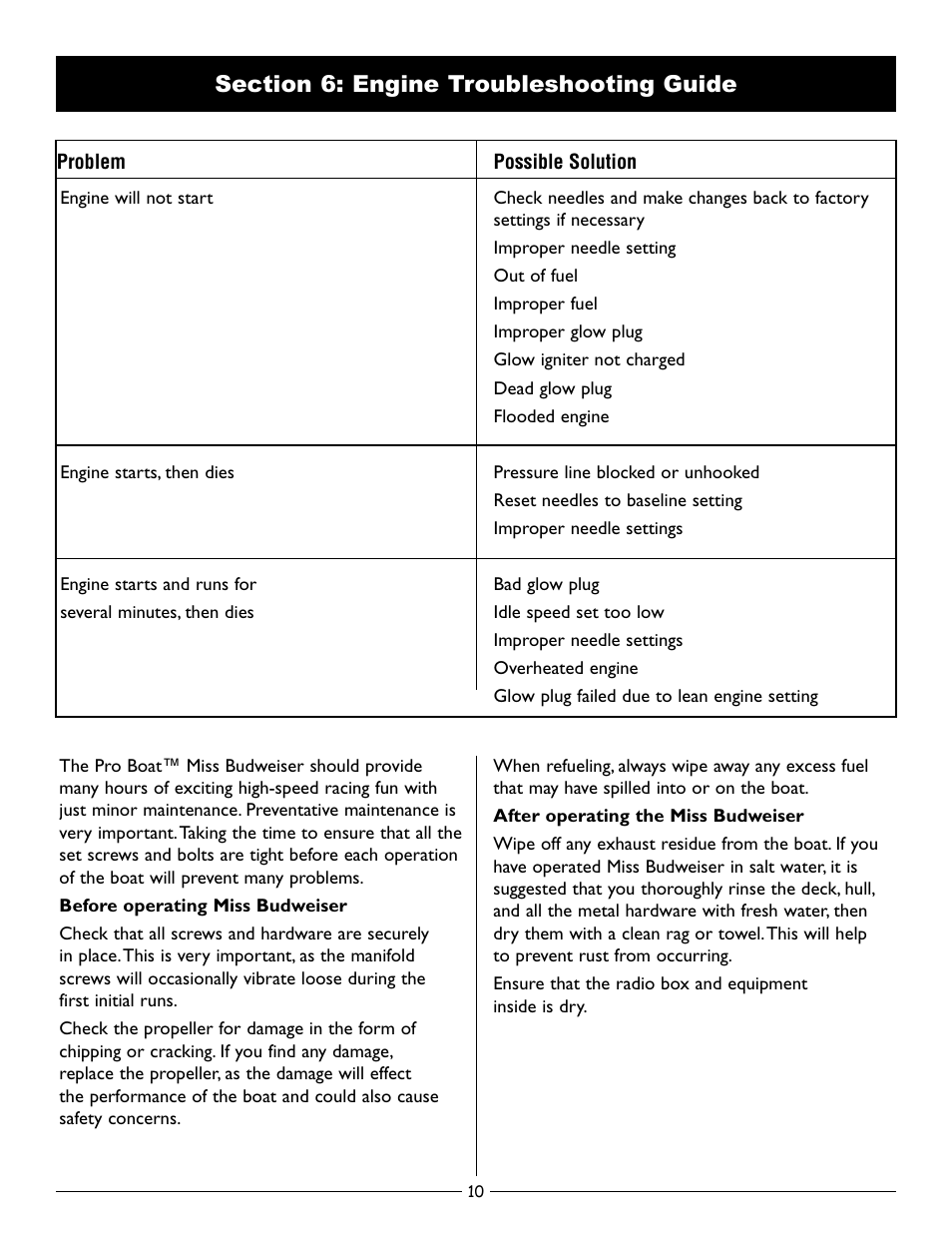 Section 6: engine troubleshooting guide | Pro Boat PRB2200 V.1 User Manual | Page 10 / 16